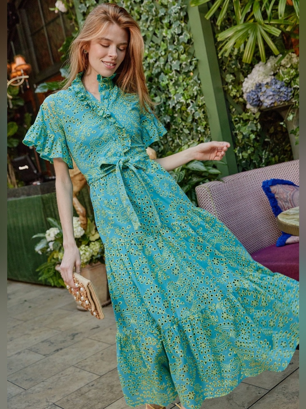 NWT Abbey Glass Sadie Maxi Dress Teal and Chartreuse Jasmine Eyelet Sz S